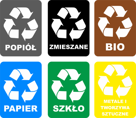 Zestaw naklejek na kosze do segregacji – 6 oznaczeń